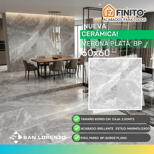 CERAMICA PLOMO CON BLANCO MARMOLIZADO BRILLANTE PARA PISO Y PARED CON BORDE PLANO VERONA PLATA 60X60CM 2.50MT2