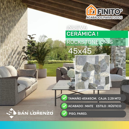 CERAMICA RUSTICO MATE ANTIDESLIZANTE ESTILO PIEDRA ROCKSTONE GRIS 45 X 45 CM 2.29MT2