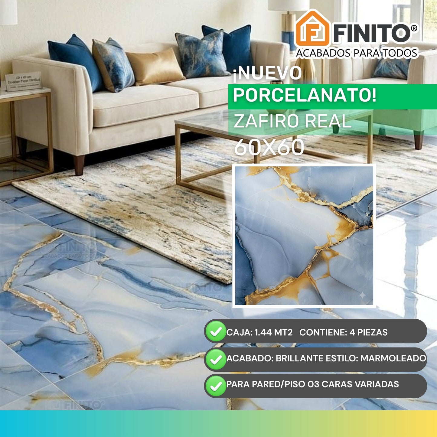 Porcelanato Brillante Marmolizado 60x60 1.44Mt2 Zafiro Real