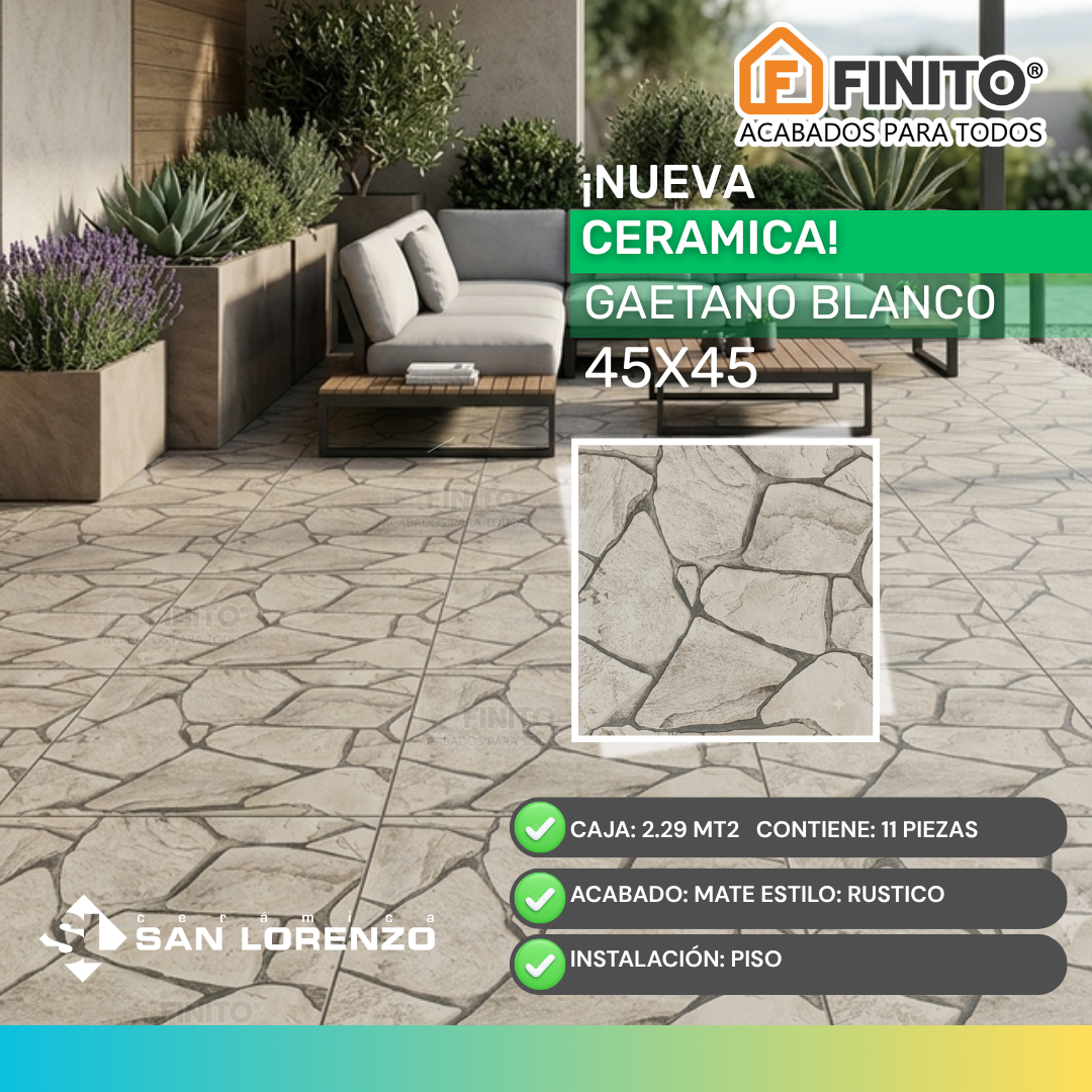 Cerámica Mate Rústico 45x45 2.29Mt2 Gaetano Blanco