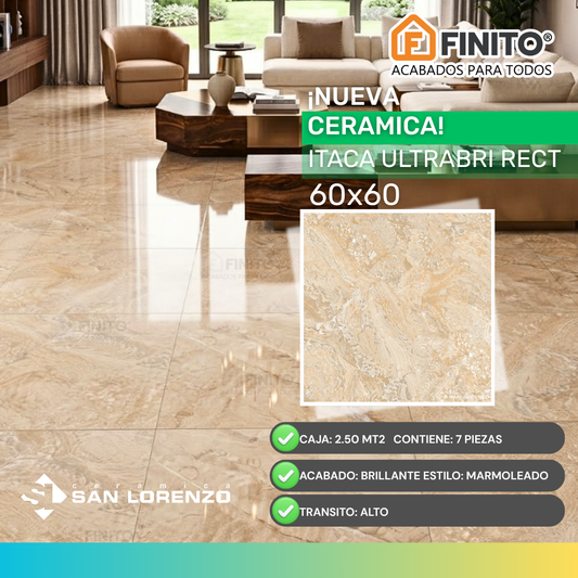 Ceramica Brillante Marmoleado 60x60 1.44Mt2 Itaca Ultrabri Rect