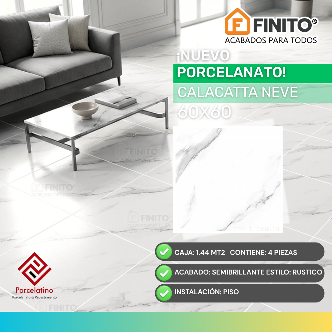 Porcelanato Semibrillante Marmolizado 60x60 1.44Mt2 Calacatta Neve