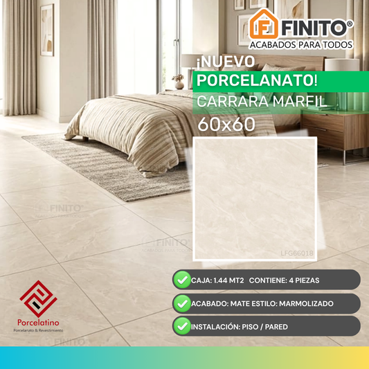 Porcelanato Mate Marmolizado 60x60cm 1.44Mt2 Carrara Marfil