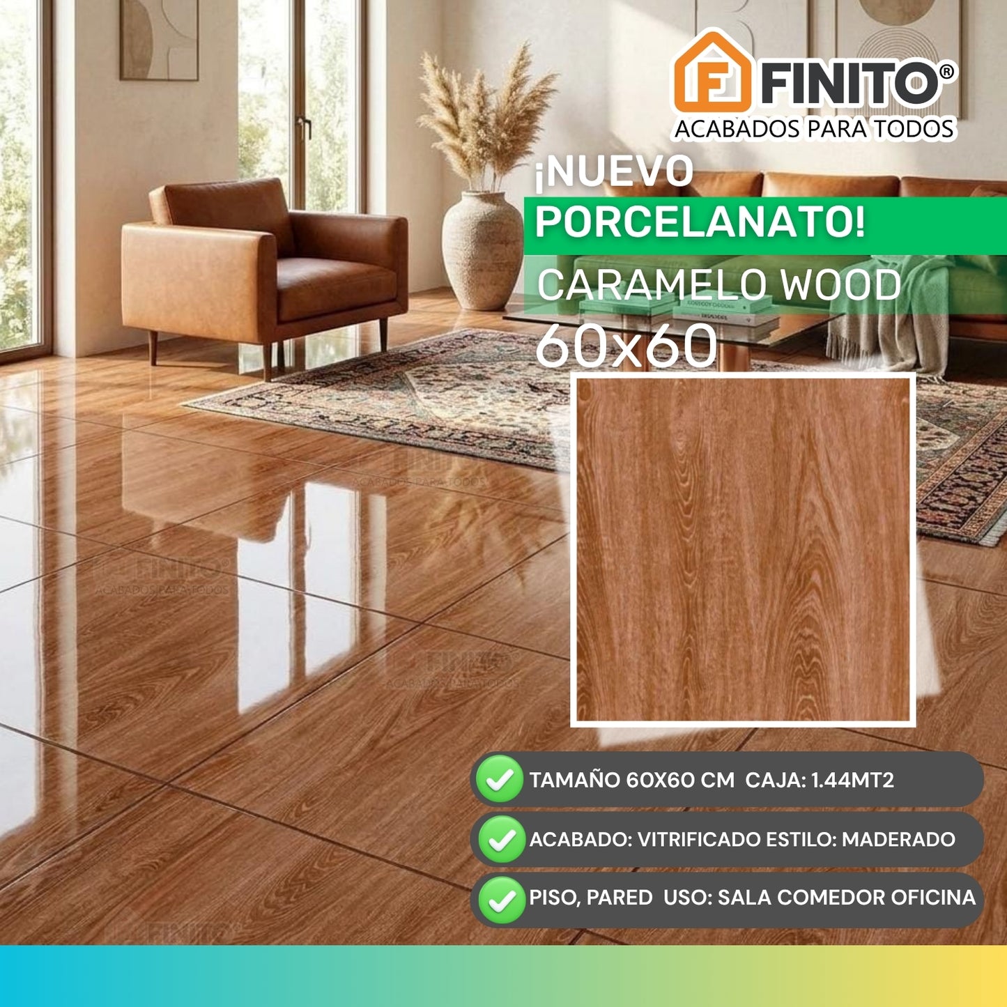 Porcelanato Vitrificado 60x60cm 1.44Mt2 Caramelo Wood