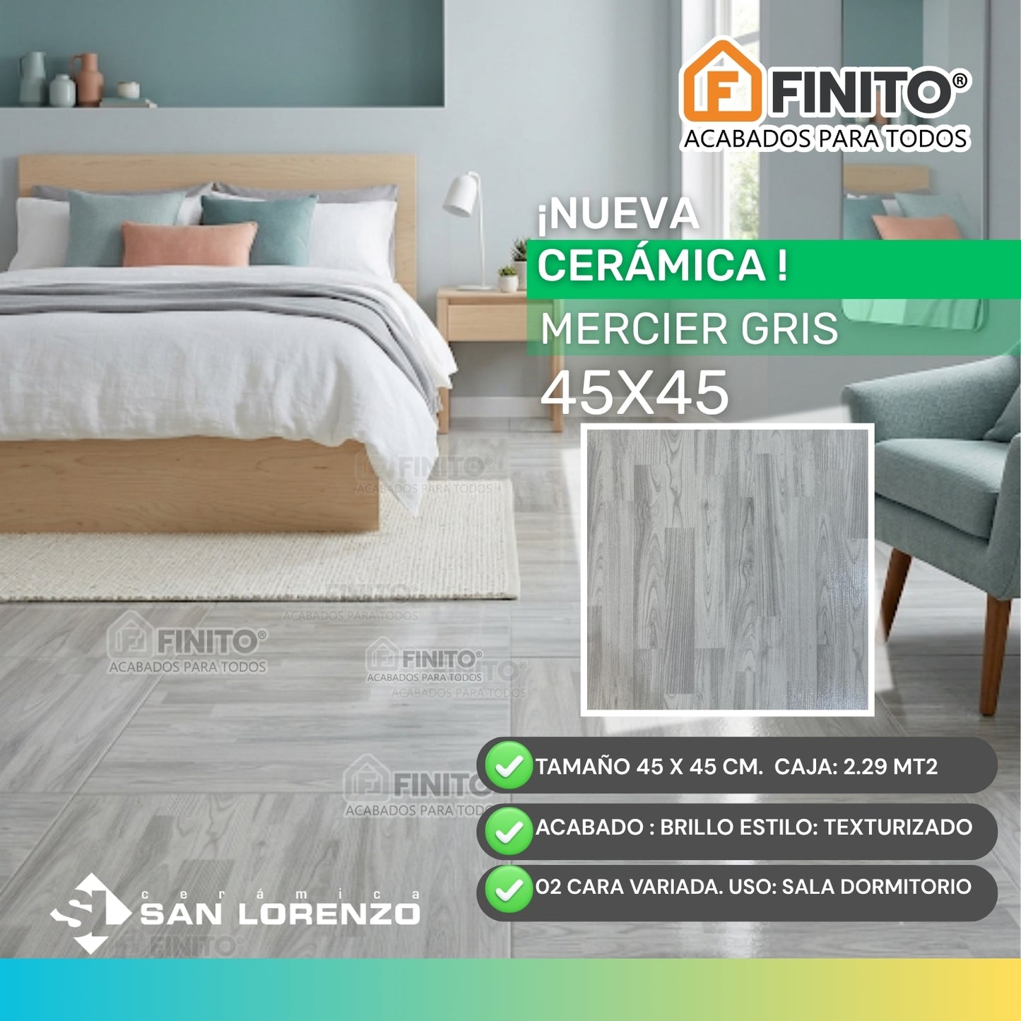 Cerámica Madera Brillante 45x45cm 2.29 m2 Mercier Gris