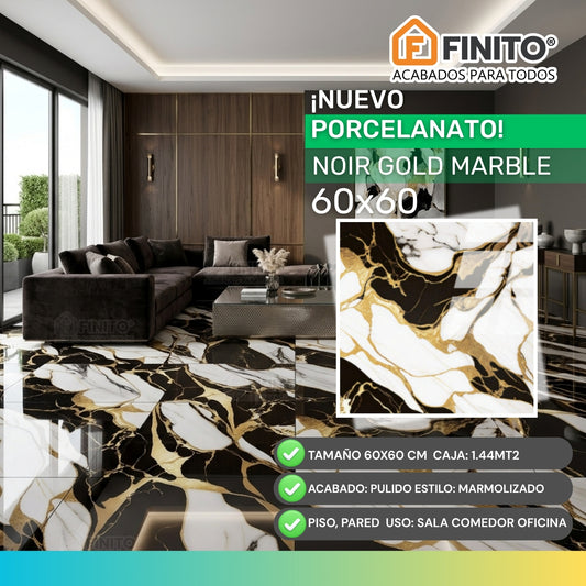 PORCELANATO PULIDO ESTILO MARMOLIZADO PISO PARED NEGRO DORADO BLANCO NOIR GOLD MARBLE 60×60CM 1.44MT2