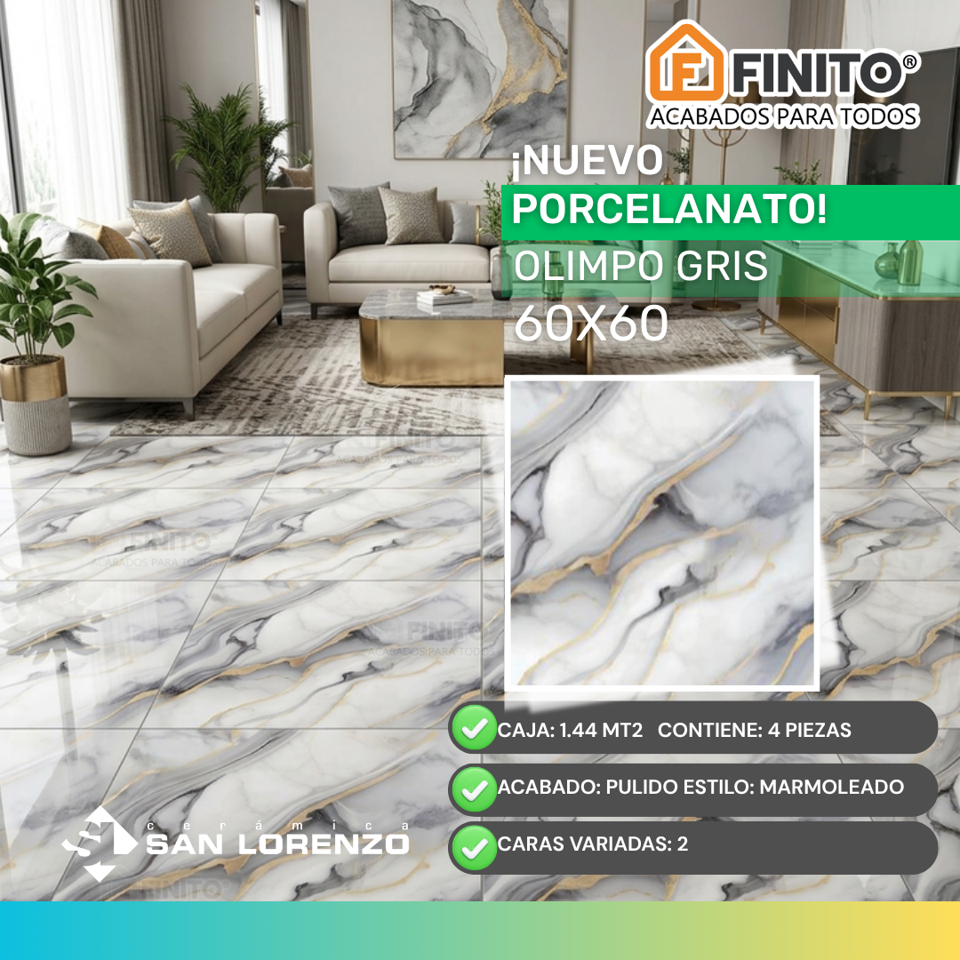 Porcelanato Pulido 60x60 1.44Mt2 Olimpo Gris