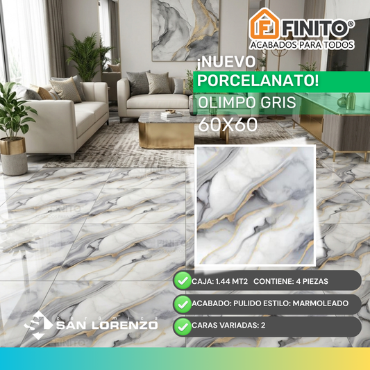 Porcelanato Pulido 60x60 1.44Mt2 Olimpo Gris