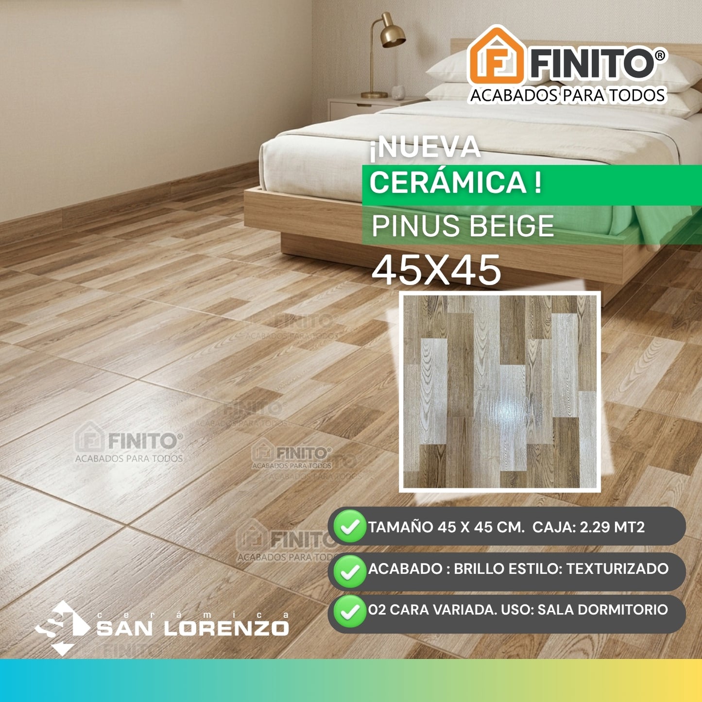 Cerámica Madera Brillante 45x45cm 2.29 m2  Pinus Beige