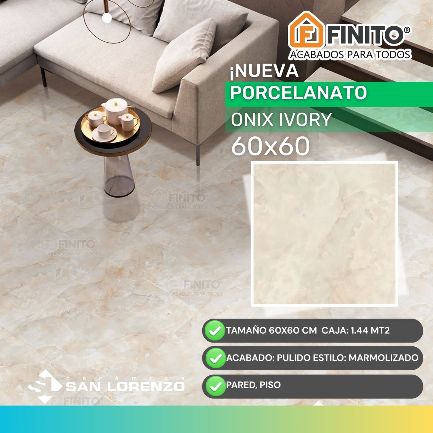 PORCELANATO MARMOLIZADO BEIGE PULIDO PARA PISO - PARED 60 X 60 CM 1.44 MT2 ONIX IVORY