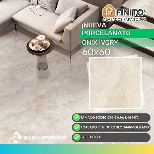 PORCELANATO MARMOLIZADO BEIGE PULIDO PARA PISO - PARED 60 X 60 CM 1.44 MT2 ONIX IVORY
