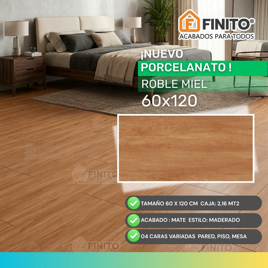 PORCELANATO MATE MADERADO PARA PARED PISO MESA ROBLE MIEL 60X120CM 2.16MT2