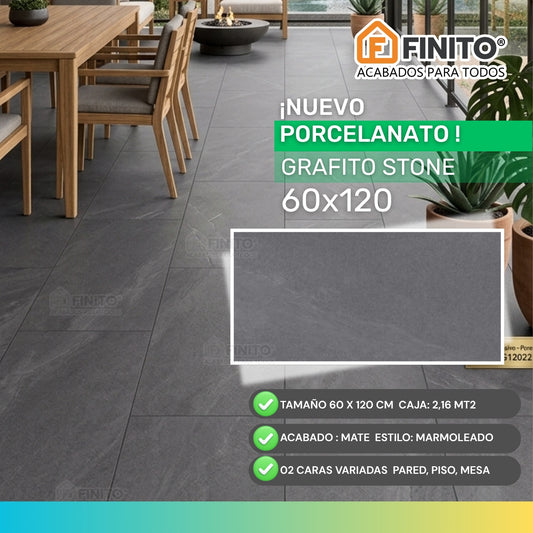 PORCELANATO MATE MARMOLIZADO GRIS PARA PARED PISO MESA GRAFITO STONE 60X120CM 2.16MT2