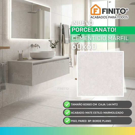 PORCELANATO MATE MARMOLIZADO GRIS PISO PARED BORDE PLANO CEMENTICIO MARFIL 60X60CM 1.44MT2