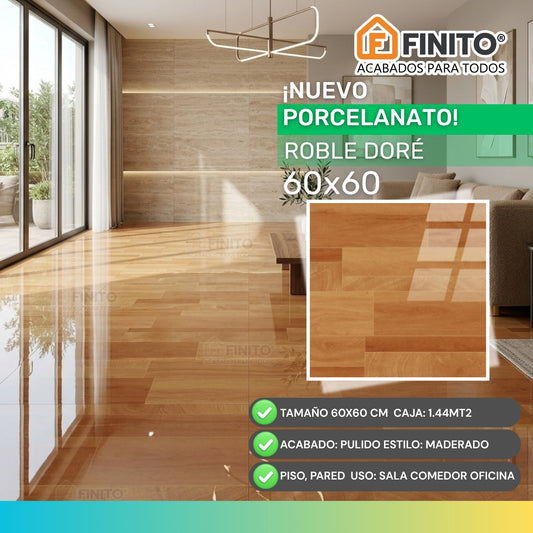 PORCELANATO PULIDO ESTILO MADERADO PISO PARED MARRÓN CARAMELO ROBLE DORE 60×60CM 1.44MT2