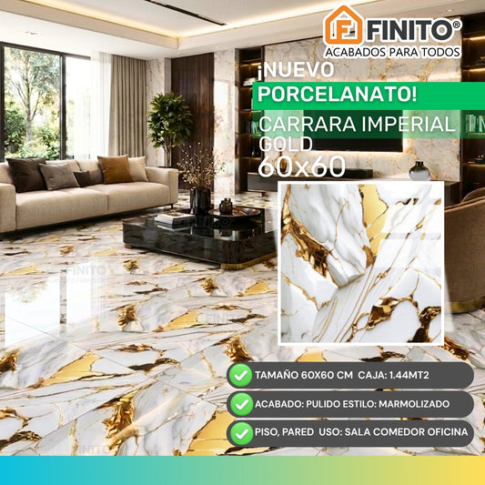 PORCELANATO PULIDO ESTILO MARMOLIZADO PISO PARED BLANCO CON VETAS DORADAS CARRARA IMPERIAL GOLD 60×60CM 1.44MT2