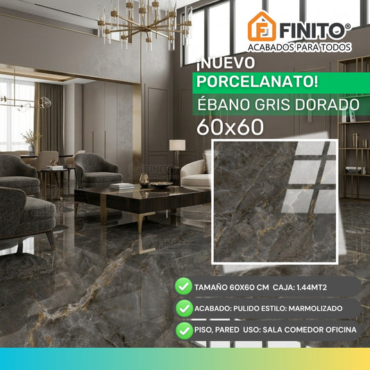 PORCELANATO PULIDO ESTILO MARMOLIZADO PISO PARED GRIS OSCURSO CON VETAS DORADAS Y PLOMO EBANO GRIS DORADO 60×60 CM 1.44MT2