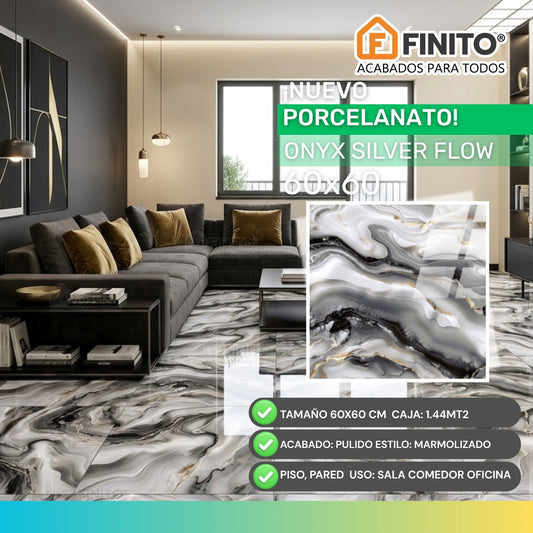 PORCELANATO PULIDO ESTILO MARMOLIZADO PISO PARED PLOMO CON VETAS DORADAS GRISES NEGRO BLANCO ONIX SILVER FLOW 60×60CM 1.44MT2