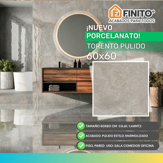 PORCELANATO PULIDO MARMOLIZADO PARED-PISO GRIS PLATA TORENTO 60X60CM 1.44MT2