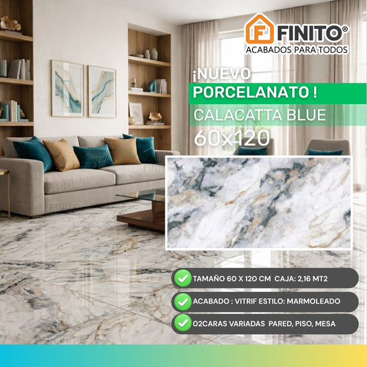 PORCELANATO VITRIFICADO ESTILO MARMOLIZADO IDEAL PARED PISO MESA CALACATTA BLUE 60X120CM 2.16MT2
