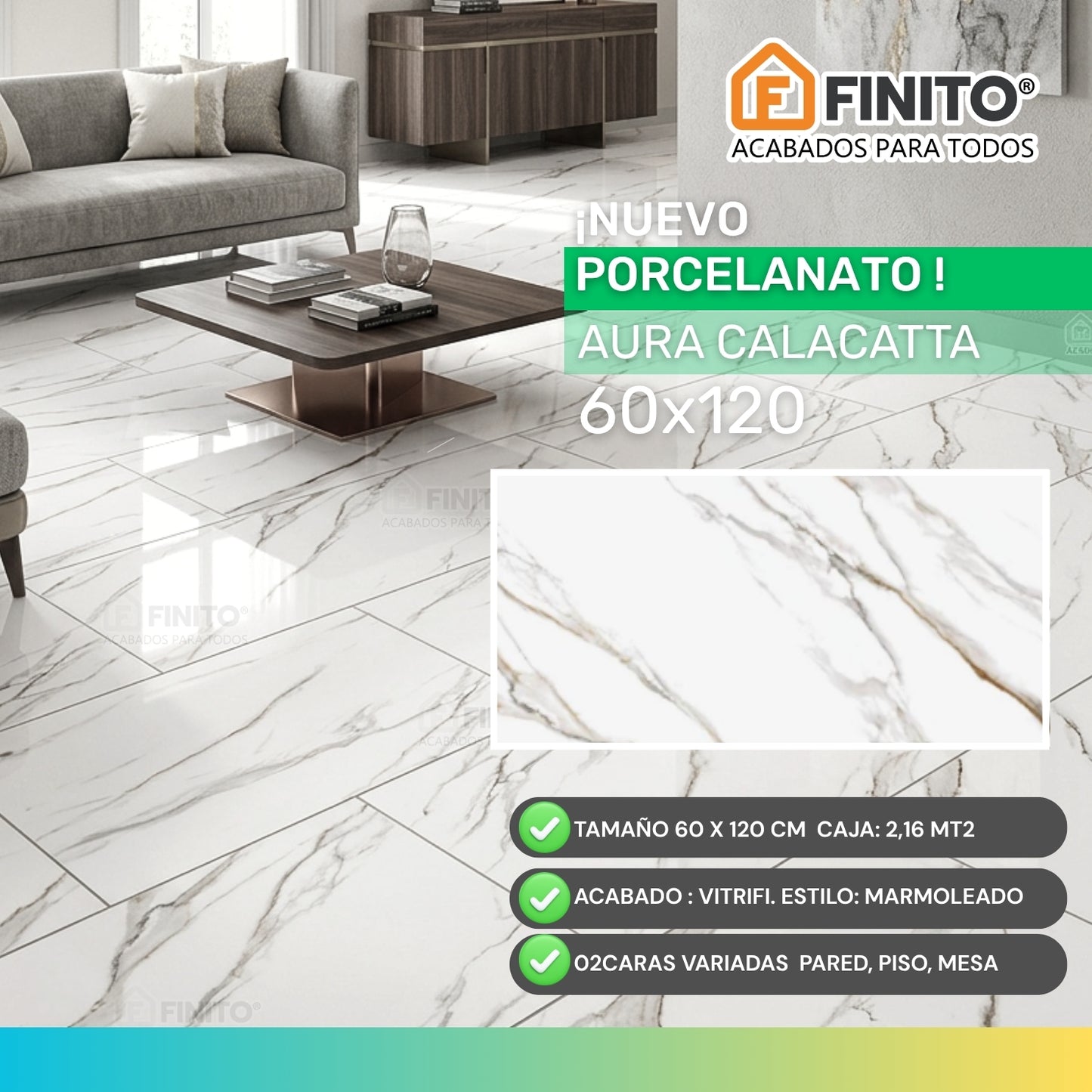 PORCELANATO VITRIFICADO ESTILO MARMOLIZADO BLANCO CON VETAS GRISES Y DORADOS USO PARED PISO MESA AURA CALACATTA 60X120CM 2.16MT2