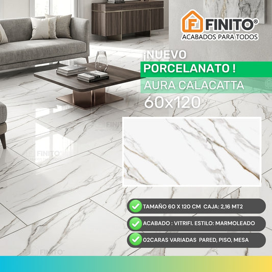 PORCELANATO VITRIFICADO ESTILO MARMOLIZADO BLANCO CON VETAS GRISES Y DORADOS USO PARED PISO MESA AURA CALACATTA 60X120CM 2.16MT2