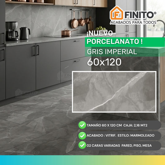 PORCELANATO VITRIFICADO ESTILO MARMOLIZADO PARA PARED PISO MESA GRIS IMPERIAL 60X120CM 2.16MT2