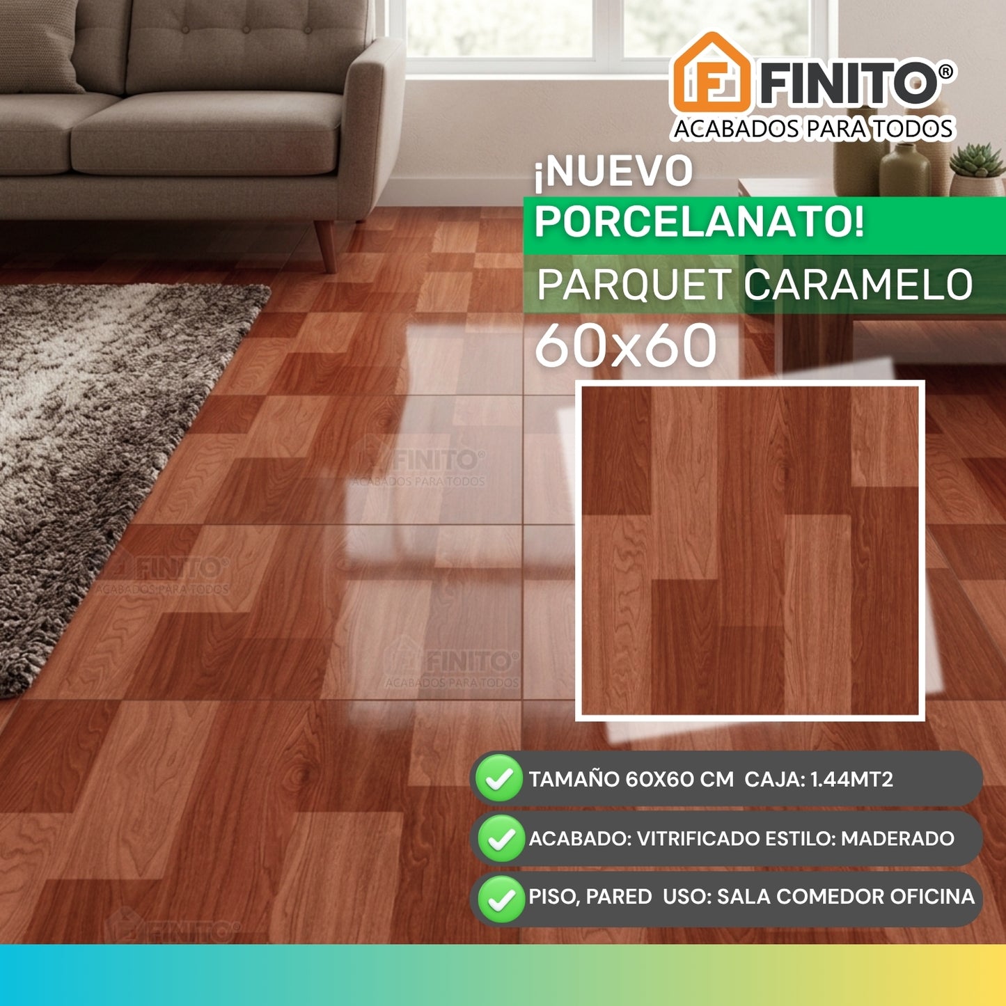 PORCELANATO VITRIFICADO MADERADO MARRON ROJIZO PISO PARED PARQUET CARAMELO 60X60CM 1.44MT2
