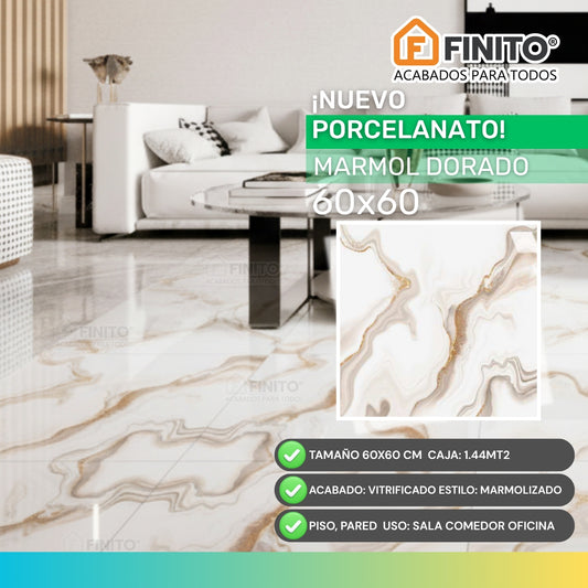 PORCELANATO VITRIFICADO MARMOLIZADO BLANCO DORADO USO PISO PARED  MARMOL DORADO 60X60CM 1.44MT2