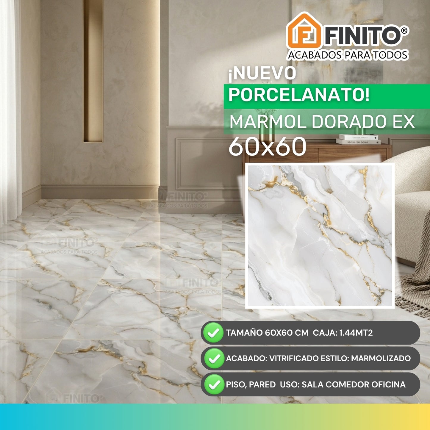 PORCELANATO VITRIFICADO MARMOLIZADO BLANCO, DORADO, PLOMO USO PARED Y PISO MARMOL DORADO 60X60CM 1.44MT2