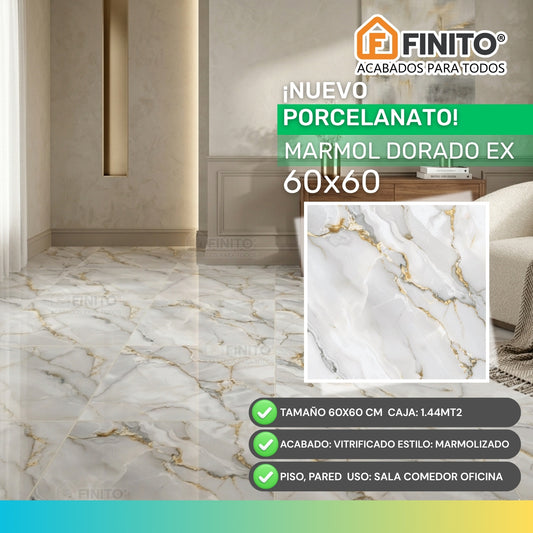 PORCELANATO VITRIFICADO MARMOLIZADO BLANCO, DORADO, PLOMO USO PARED Y PISO MARMOL DORADO 60X60CM 1.44MT2
