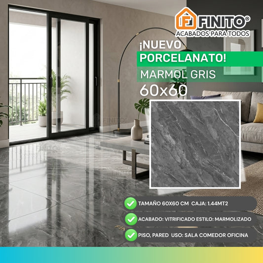 PORCELANATO VITRIFICADO MARMOLIZADO GRIS, PLOMO USO PARED Y PISO MARMOL GRIS 60X60CM 1.44MT2