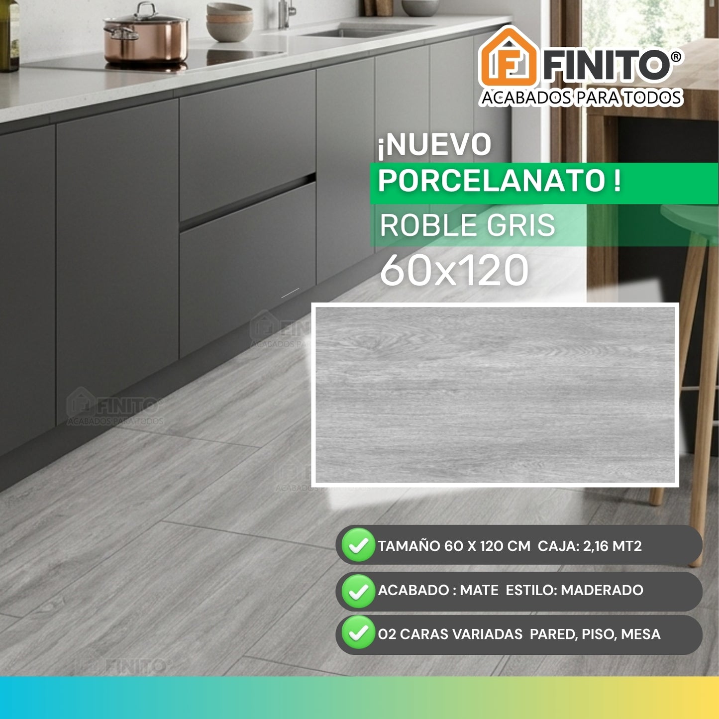 Porcelanato Mate 60x120 2.16Mt2 Roble Gris