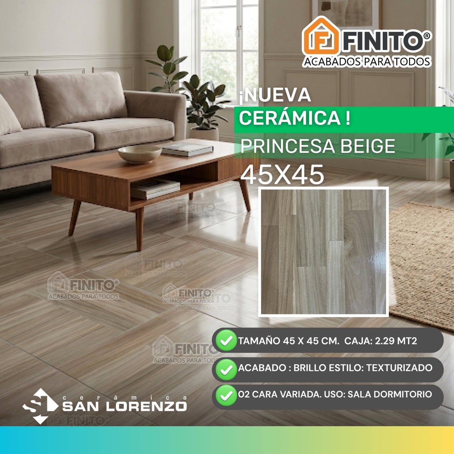 Cerámica Madera Brillante 45x45cm 2.29 m2 Princesa Beige