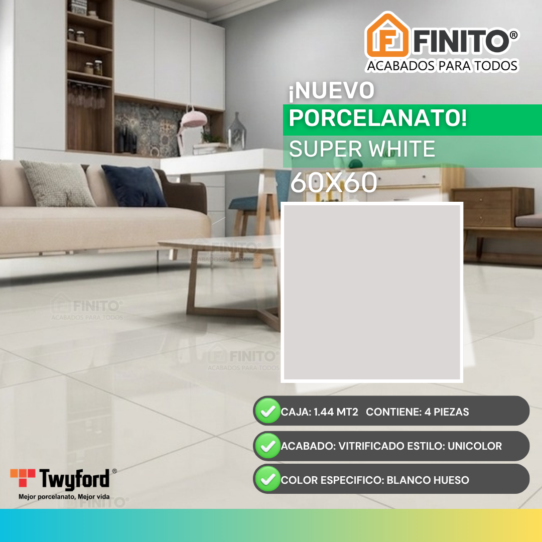 Porcelanato Vitrificado Unicolor 60x60 1.44Mt2 Super White