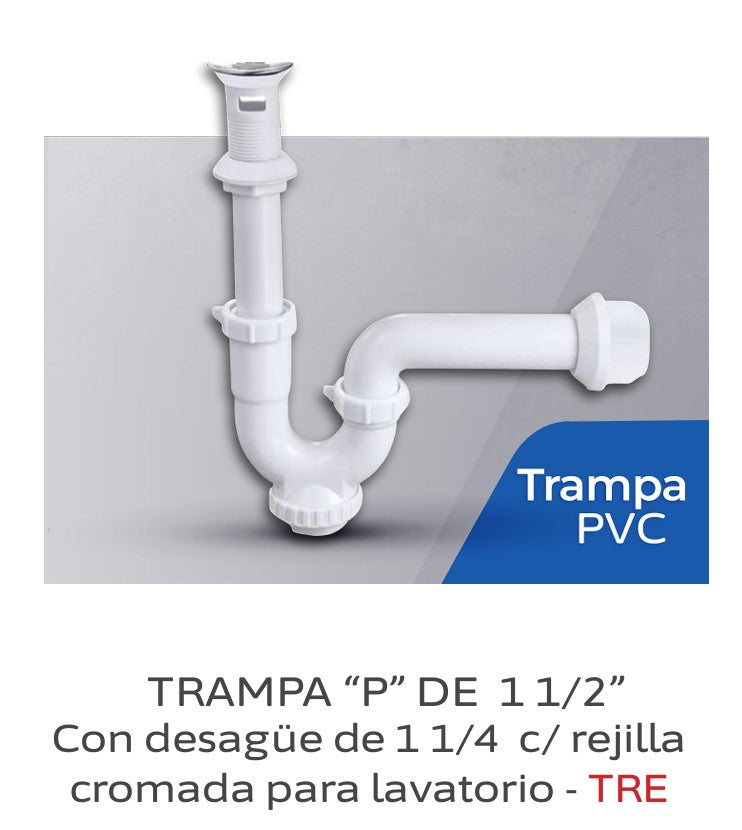 TRAMPA TIPO "P" DE 1 ½" C/ DESAGUE DE 1 ¼" C/ REJILLA CROMADA PARA LAVATORIO - TREBOL